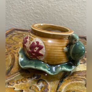 Unique Art Pottery Planter Bowl w/ 3D Turtle Figurine Glazed Dip/Sauce Dish